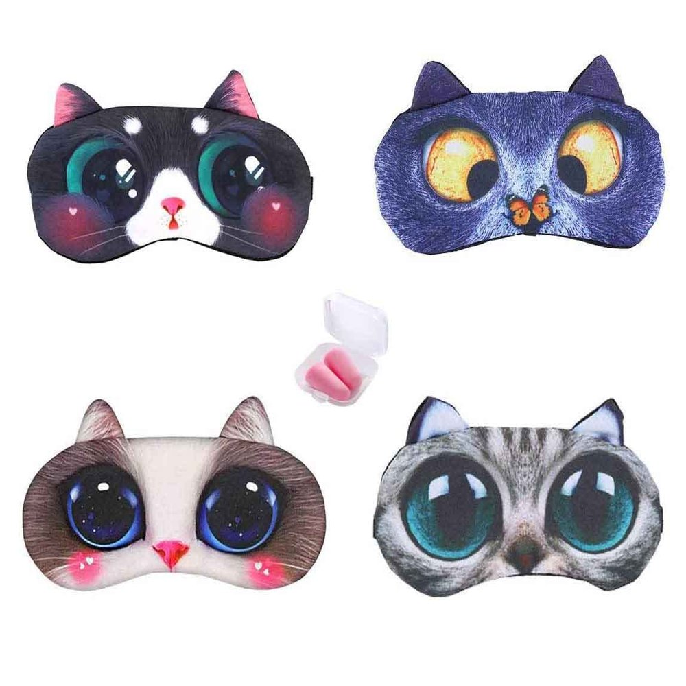4 PCS Soft Comfortable Blindfold Eye Cover Eyeshade Plane Travel Nap Night Sleeping Cute Cartoon Animal Dog Cat Sleep Eye Mask with Earplugs