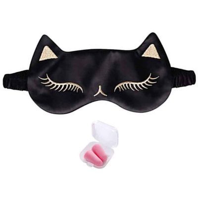 Cat Embroidered Soft Blindfold Eye Cover Eyeshade with Earplugs, Plane Travel Nap Night Sleeping Eye Mask Silk Sleep Eye Mask Sleep Mask for Kids Men Women
