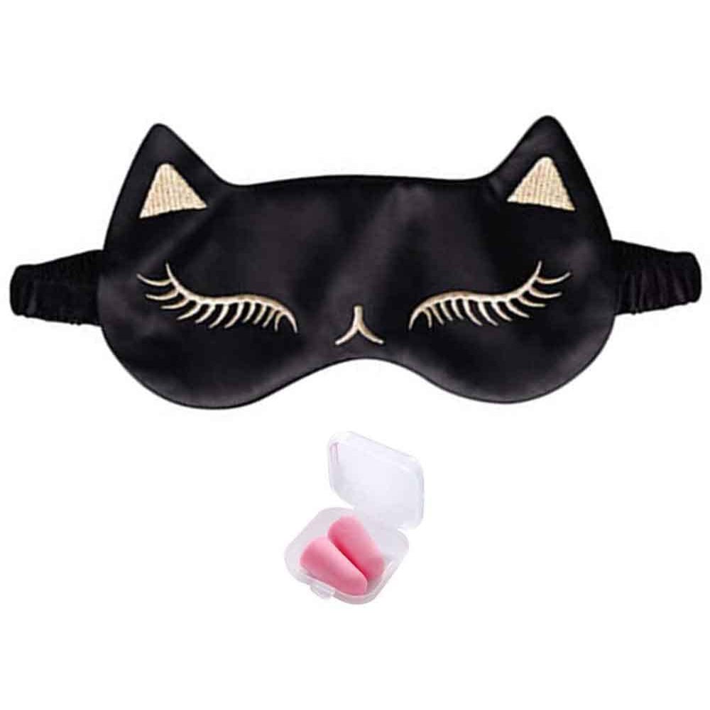 Cat Embroidered Soft Blindfold Eye Cover Eyeshade with Earplugs, Plane Travel Nap Night Sleeping Eye Mask Silk Sleep Eye Mask Sleep Mask for Kids Men Women