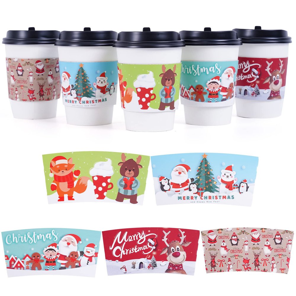 Smarimple Christmas Coffee Cup Sleeves 60 Count Hot Chocolate Cocoa Paper Cup Sleeves, Double-Layer Protective Heat Cold Drinks Insulated for Tea Cold Beverage