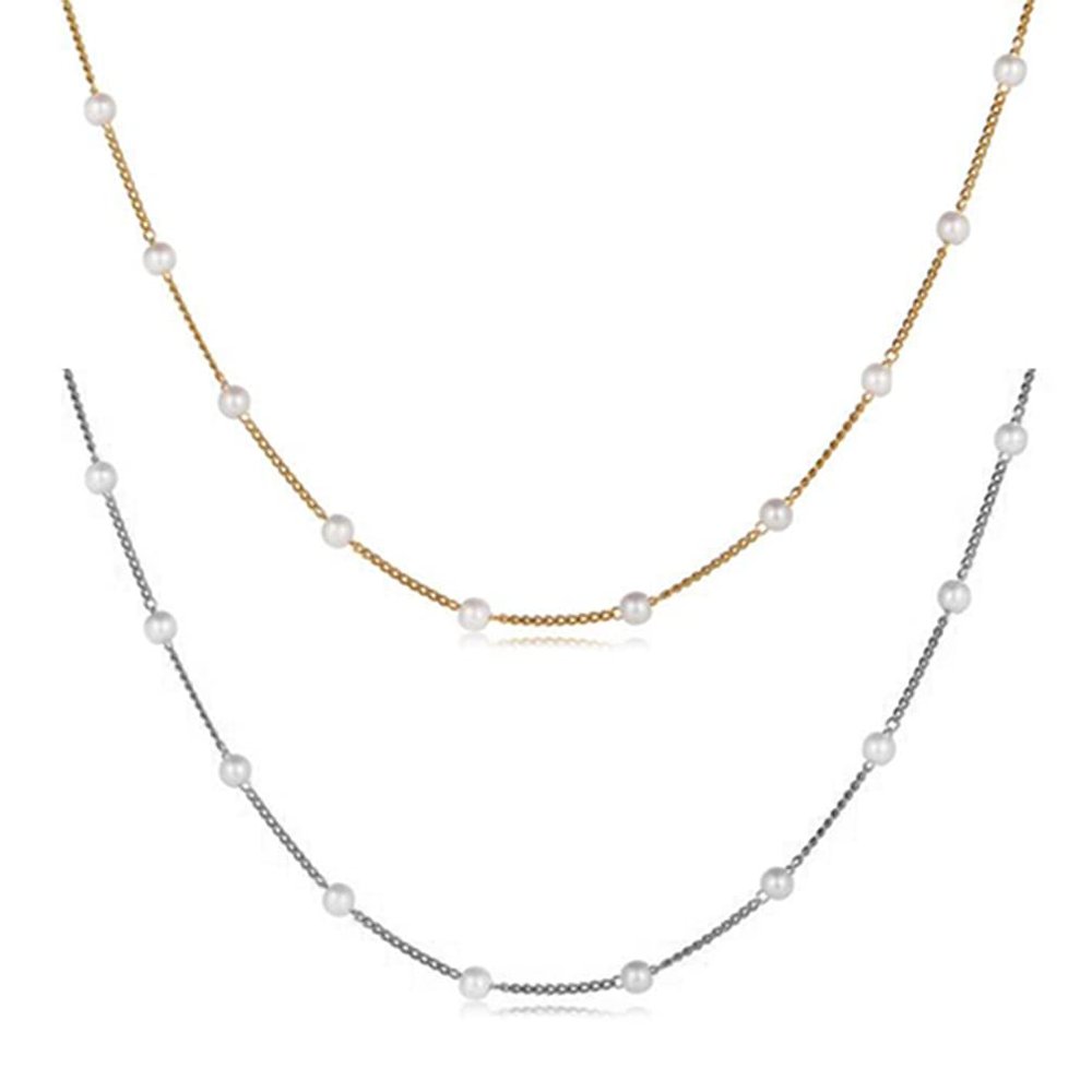 Vintage Pearl Beaded Necklace Pearl Clavicle Chain Adjustable Gold and Silver Necklace