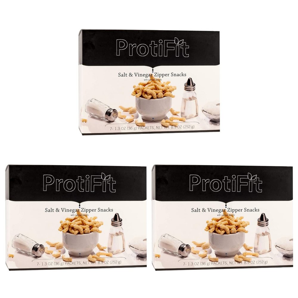 PROTIFIT - High Protein Salt and Vinegar Zipper Snacks 3 Pack, 15g Protein, Low Calorie, Low Sugar, Low Fat, Ideal Protein Compatible, 7 Servings Per Box, (3 Pack)