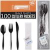 100 Plastic Cutlery Packets - Knife Fork Spoon Napkin Salt Pepper Sets | Black Silverware Sets Individually Wrapped Cutlery Kits, Bulk Plastic Utensil Cutlery Set Disposable To Go Silverware view 2