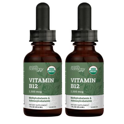 USDA Organic Vitamin B12 2000mcg Sublingual Liquid Supplement (2-Pack) - Vegan Methylcobalamin Drops for Natural Energy, Maintain Metabolism, and Immune System Support - 1 Fl Oz
