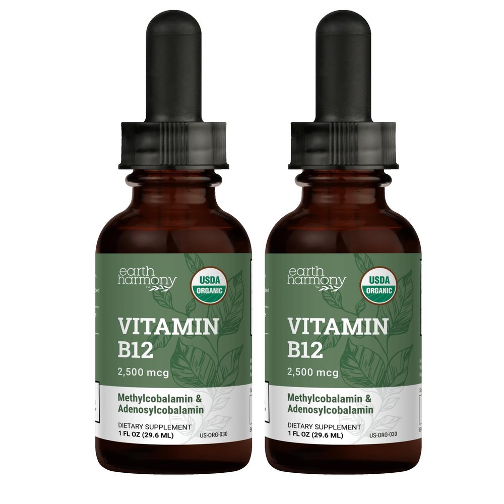USDA Organic Vitamin B12 2000mcg Sublingual Liquid Supplement (2-Pack) - Vegan Methylcobalamin Drops for Natural Energy, Maintain Metabolism, and Immune System Support - 1 Fl Oz