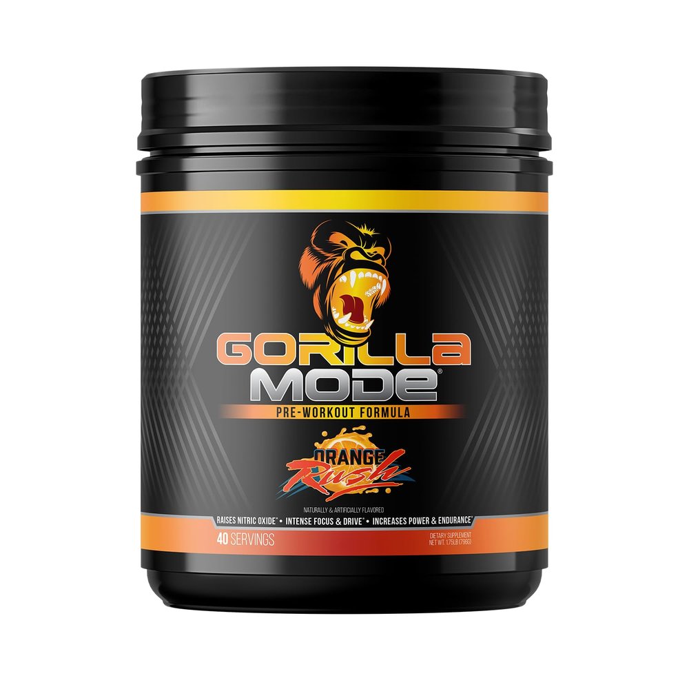 Gorilla Mode Pre Workout - Massive Pumps Laser Focus Energy Power - L-Citrulline, Creatine, L-Tyrosine, Betaine, Hydroprime, Alpha-GPC, 400mg Caffeine, Huperzine A - 796g (Orange Rush)