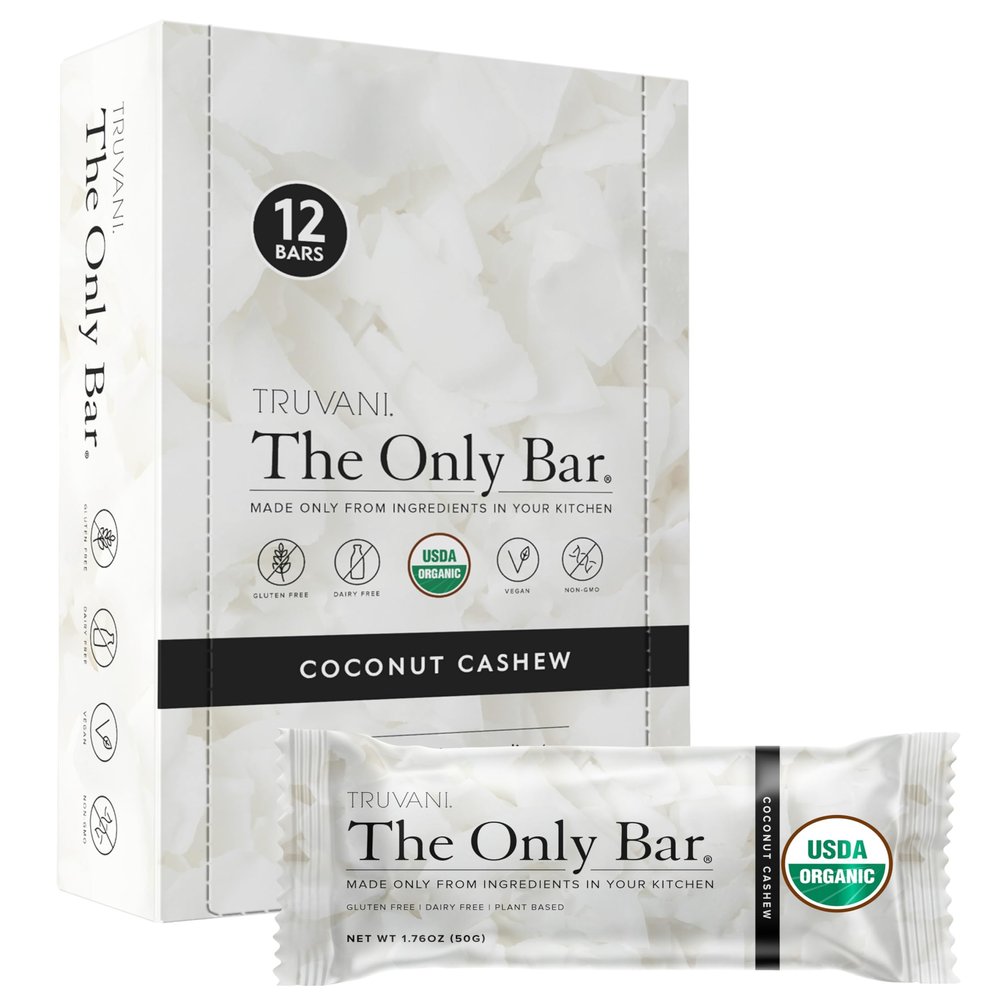 Truvani Plant Based Snack Bars | Coconut Cashew 12 Pack | 5g Protein | USDA Organic and Vegan | The Only Bar | Dairy, Soy, and Gluten Free | Individually Wrapped