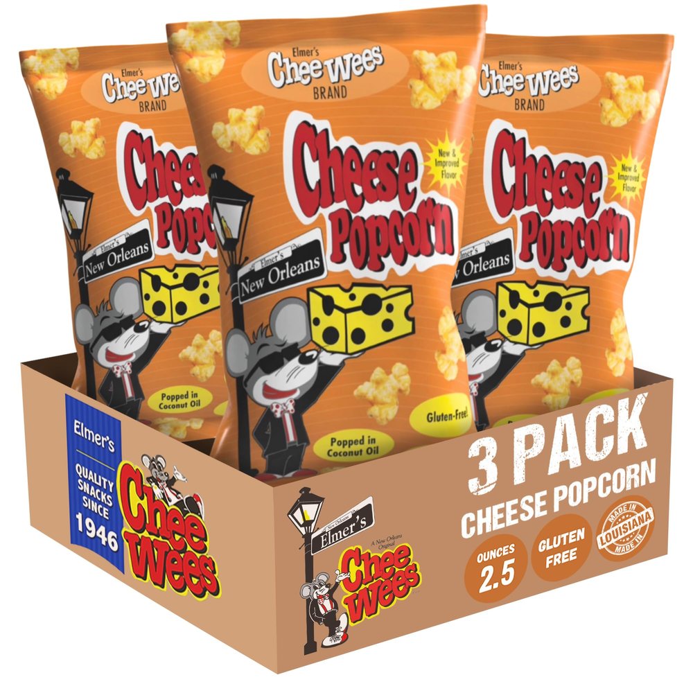 Elmer's Cheesy Popcorn, Cheesy Deliciousness, Popped in Coconut Oil, Gluten-Free, No MSG, 2.5 oz Bags, Pack of 3
