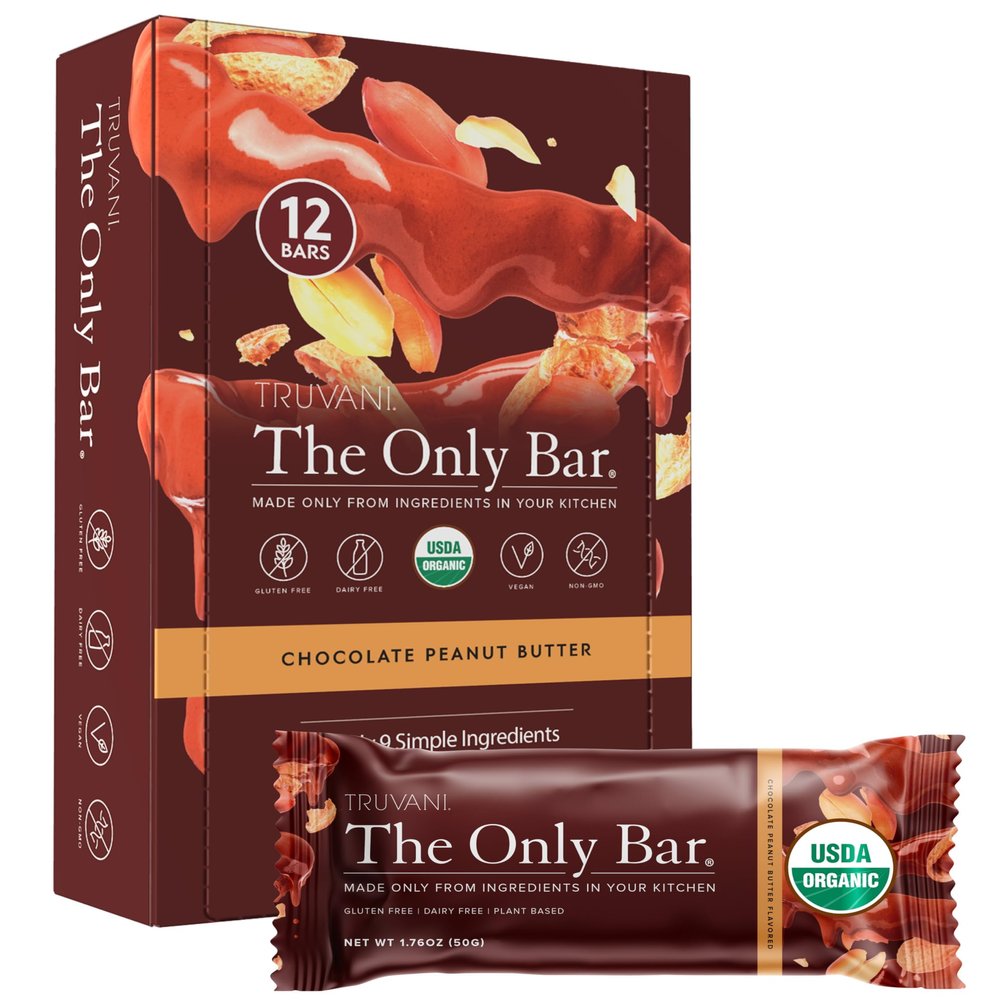 Truvani Plant Based Snack Bars | Chocolate Peanut Butter 12 Pack | 7g Protein | USDA Organic and Vegan | The Only Bar | Dairy, Soy, and Gluten Free | Individually Wrapped