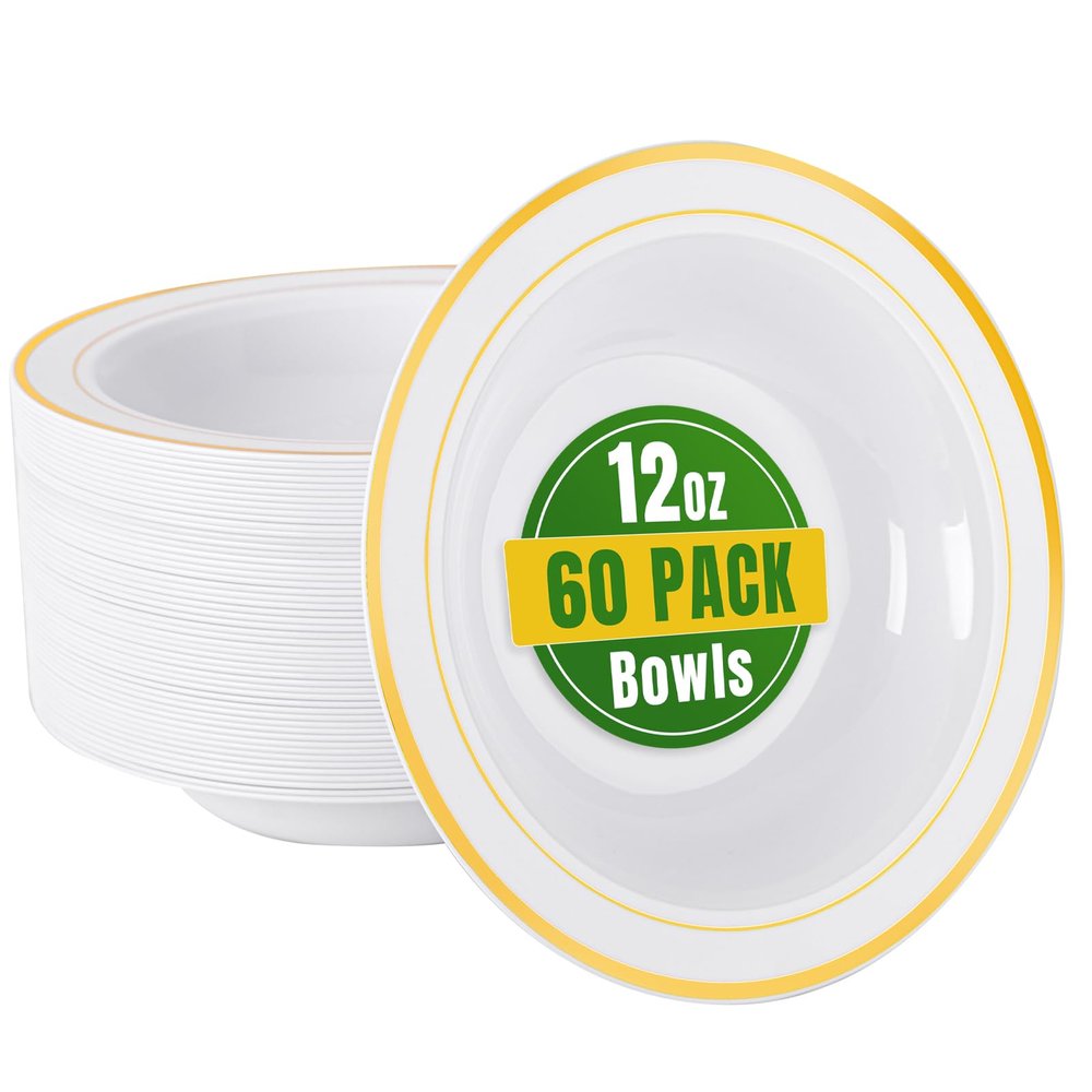 bUCLA 60 Pack Plastic Bowls with Gold Rim - 12 oz Plastic Soup Bowls Disposable for Wedding, Party, Gathering & Thanksgiving