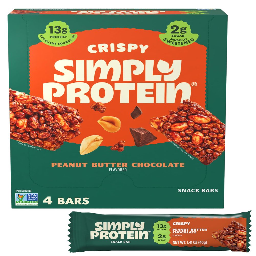 Simply Protein - Peanut Butter Chocolate Crispy Bars - Plant Based Protein Bars - Low Carb, Low Sugar, High Fiber - 13g Protein, 2g Sugar, 7g Fiber - Vegan, Gluten Free, Non GMO, Kosher - 4 Bars