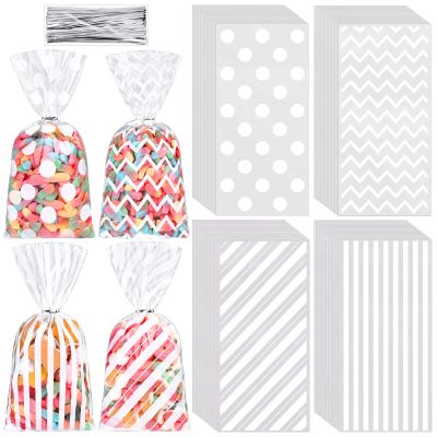 Aodaer 100 Pieces 10.6 x 5.1 In White Cellophane Bags Plastic Candy Gift Bag Cellophane Treat Bags with Twist Ties Stripes Polka Dot Printed Pattern Goodie Bag for Birthday Weddings Party Favors