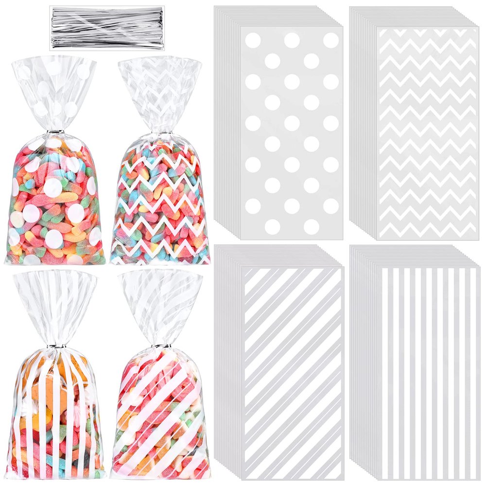 Aodaer 100 Pieces 10.6 x 5.1 In White Cellophane Bags Plastic Candy Gift Bag Cellophane Treat Bags with Twist Ties Stripes Polka Dot Printed Pattern Goodie Bag for Birthday Weddings Party Favors