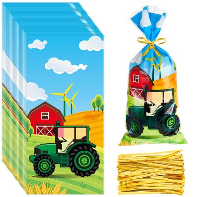 Gueevin 100 Pieces Cellophane Treat Bags Camp out Goodie Candy Favor Bags with 100 Pieces Twist Ties for Party Decorations Kids Birthday Party Baby Shower Supplies Gift Wrapping (Tractor Pattern)