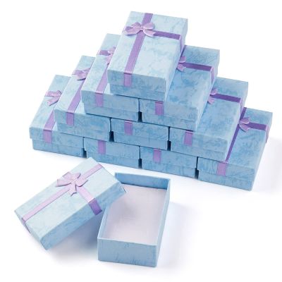 Pandahall 12pcs Cardboard Jewelry Boxes 8.25x5.3x2.65cm Sponge Pad Filled Rectangle Boxes with Ribbon Bownots for Earrings Pendants Bracelets Necklaces Rings Jewelry Packaging(Light Sky Blue)