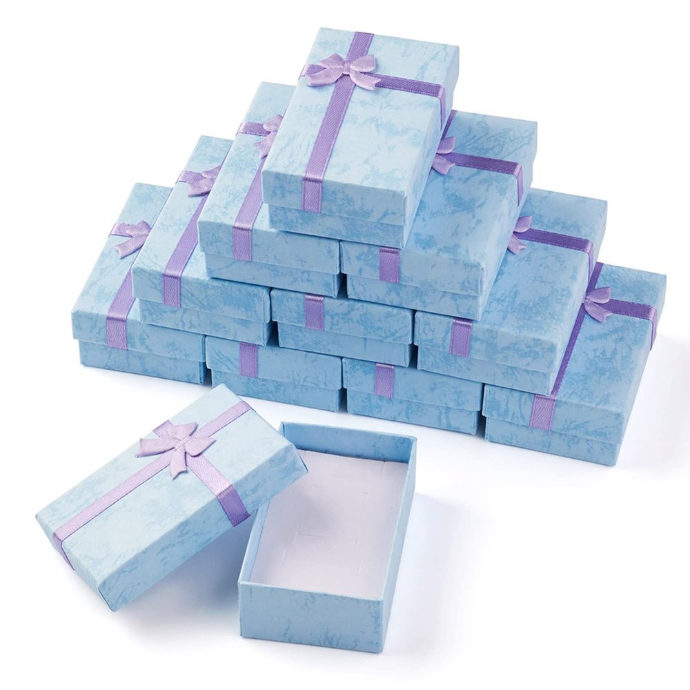 Pandahall 12pcs Cardboard Jewelry Boxes 8.25x5.3x2.65cm Sponge Pad Filled Rectangle Boxes with Ribbon Bownots for Earrings Pendants Bracelets Necklaces Rings Jewelry Packaging(Light Sky Blue)