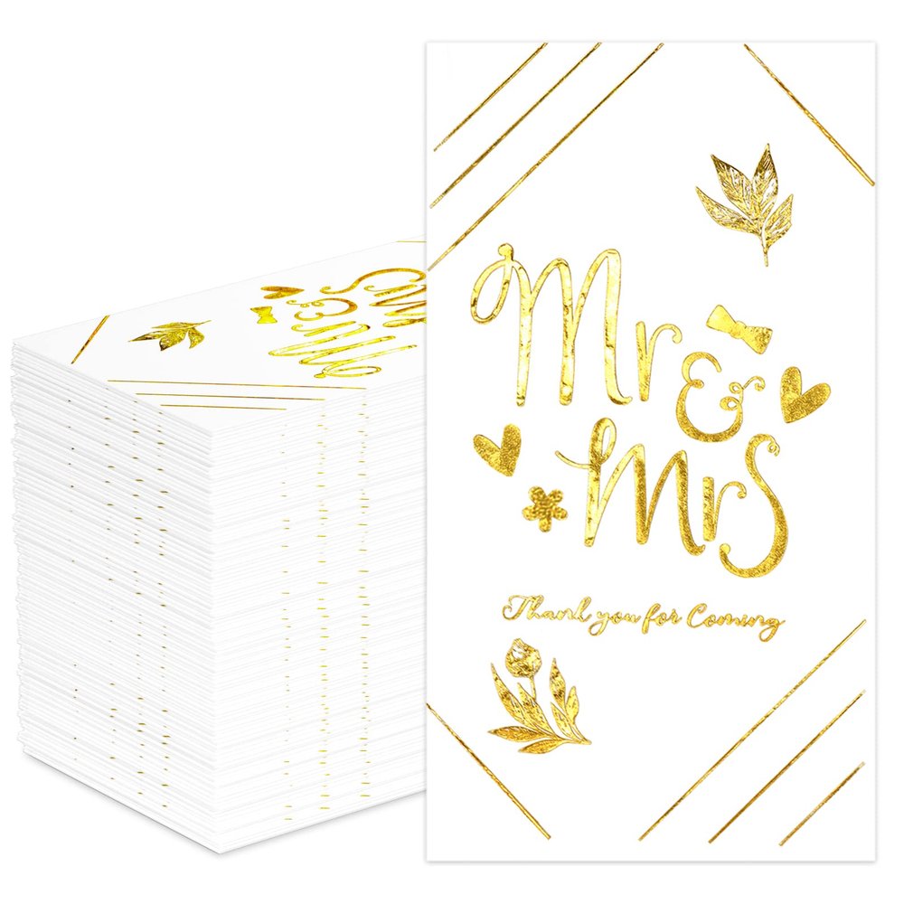 DYLIVeS Mr and Mrs Dinner Napkins, 100 Pcs Wedding Napkins Gold Cocktail Paper Guest Towel Beverage Cake Napkins Disposable Hand Towels for Bridal Shower Anniversary Engagement Decorations, 3 Ply