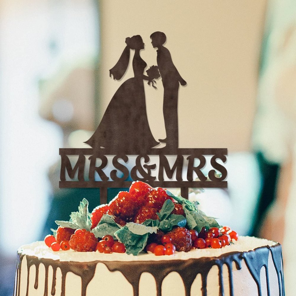 Bride Two Girl Silhouette Wedding Cake Topper Mrs And Mrs Lesbians Cake Topper for Wedding Same Sex Couple Cake Topper Custom Cake Topper LGBT Engagement Bride Wedding Cake Decorations Brown Wood