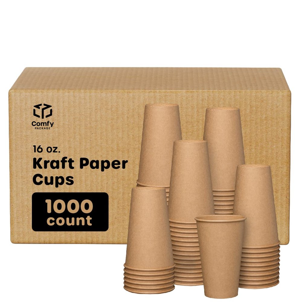 Comfy Package [Case of 1,000 16 oz. Kraft Disposable Paper Cups, Hot Coffee Cups Brown Unbleached - Eco-Friendly Cups