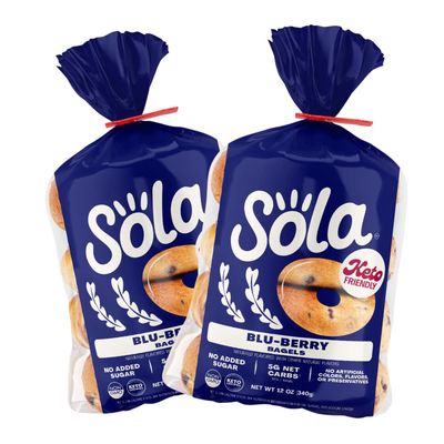 SOLA Low Carb & Keto Friendly Bagels, Blu-berry - 5g Net Carbs & 15g of Protein, No Added Sugar, Plant based, Low Calorie Bagels - 12 oz (4 Bagels/Pack) (Pack of 2)