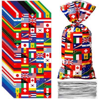 Pajean 100 Pcs International Flag Candy Party Bags World Country Flags Treat Bags Patriotic Cellophane Travel Goodie for Soccer Sports Beer Festival Events Celebration School Party Decorations