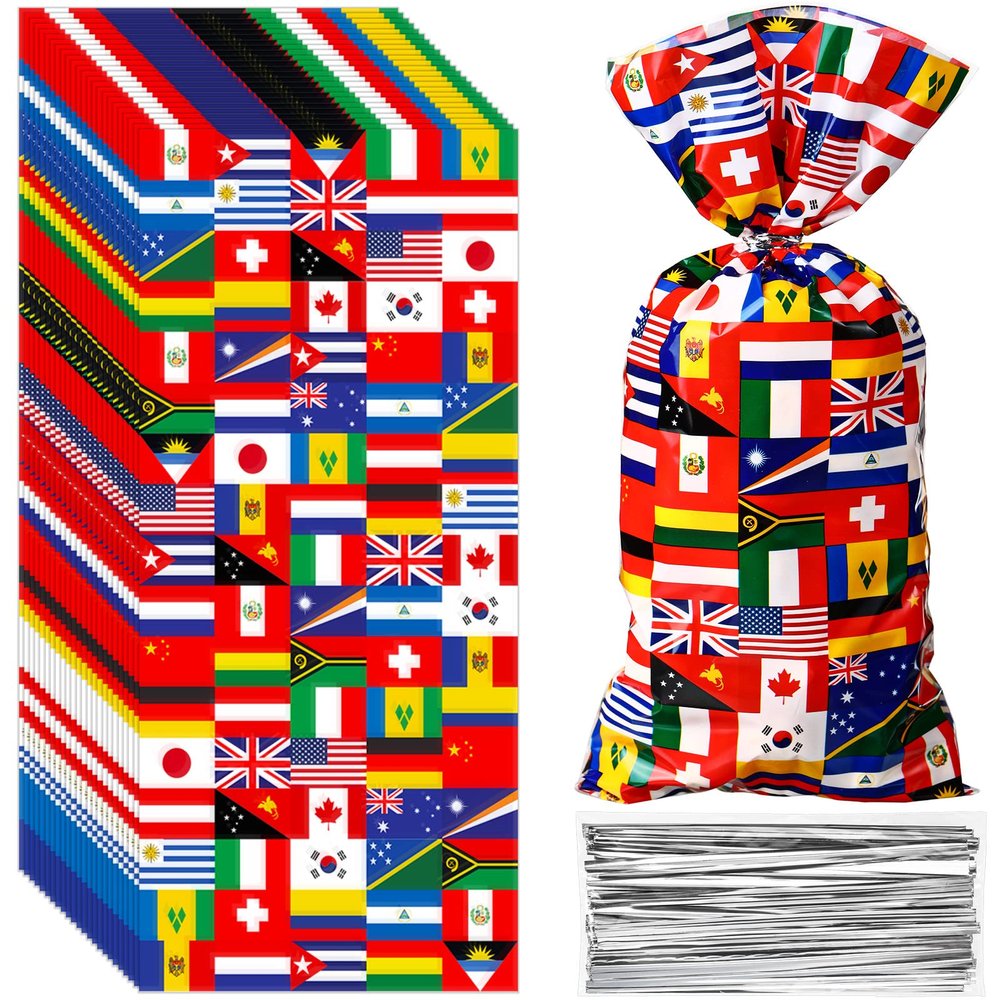 Pajean 100 Pcs International Flag Candy Party Bags World Country Flags Treat Bags Patriotic Cellophane Travel Goodie for Soccer Sports Beer Festival Events Celebration School Party Decorations