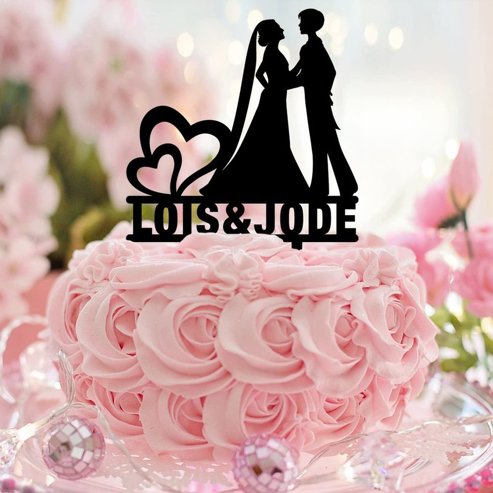 Brides Wedding Cake Topper Custom Name Wedding Date Silhouette Two Brides Cake Toppers Romantic 2 Women Wedding Cake Decorations Lesbian Wedding Engagement Gifts Acrylic Black
