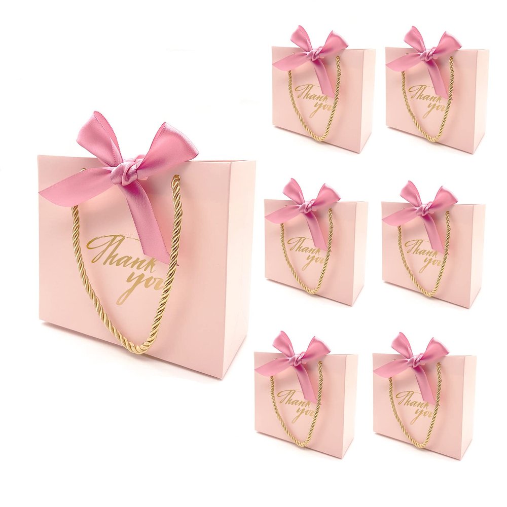 20 Pack Small Pink Thank You Gift Bags With Handles-5.5''x 2.5''x4.7'' Mini Gift Bags Bulk for Baby Shower, Birthday, Wedding, Back to School, Summer Party