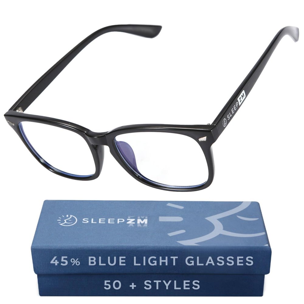 Sleep ZM 100% Blue Light Blocking Glasses for Women + Men - Better Sleep + Anti Eye Strain Protection - Computer Screens & Gaming - Black Wayfarer - Daytime Clear Lens