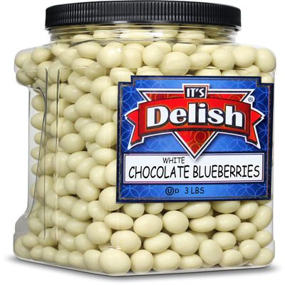 Gourmet White Chocolate Covered Blueberries by It's Delish, 3 LBS Jumbo Container Jar | Bulk Milk Chocolate Coated Dried Fruit Berries for Parties Snacking & Dessert | Kosher Dairy