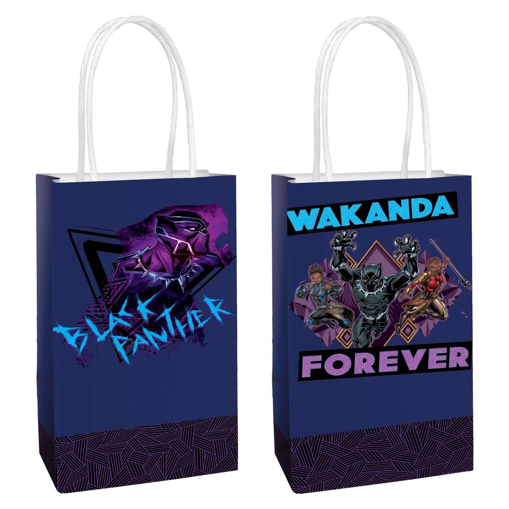 Multicolor Black Panther Wakanda Forever Printed Paper Kraft Bags - 8.25" x 5.25" x 3", 8 Pieces - Perfect for Parties, Gifts & Goodies