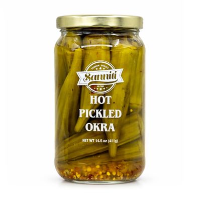 Sanniti Hot Pickled Okra | Infused with Crushed Red Pepper | Crunchy and Fiery Heat | 14.5 oz