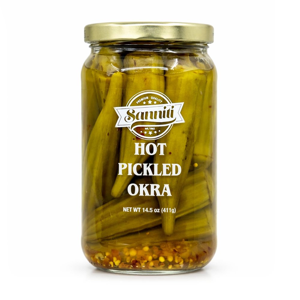 Sanniti Hot Pickled Okra | Infused with Crushed Red Pepper | Crunchy and Fiery Heat | 14.5 oz