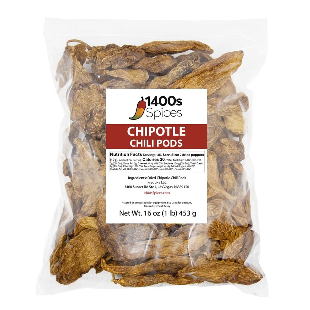 1lb Chipotle Meco Chiles, Dried Whole Smoked Peppers by 1400s Spices