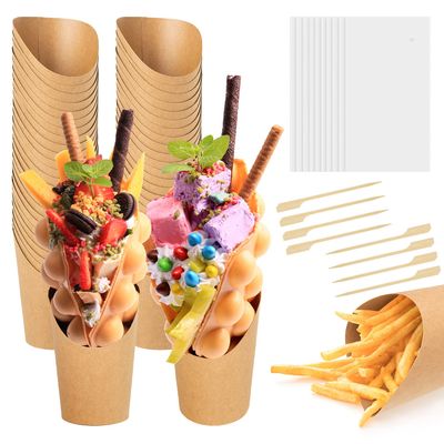 50 pcs each 12oz Disposable Charcuterie Cups with bamboo toothpicks and OPP Bags, Kraft Paper Food Containers for Chips, snacks, Popcorn, waffles, and Party Treats Food Cones