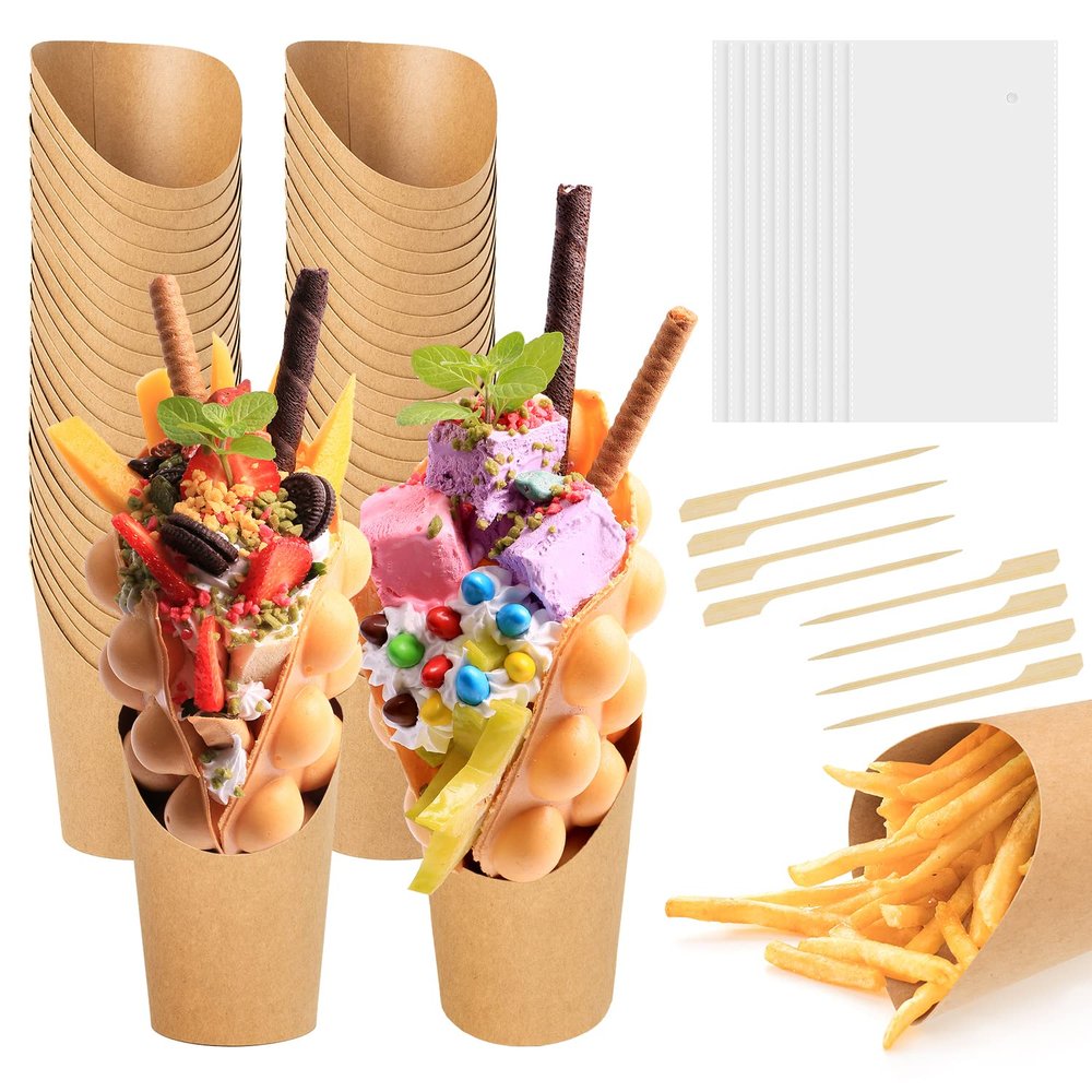 50 pcs each 12oz Disposable Charcuterie Cups with bamboo toothpicks and OPP Bags, Kraft Paper Food Containers for Chips, snacks, Popcorn, waffles, and Party Treats Food Cones