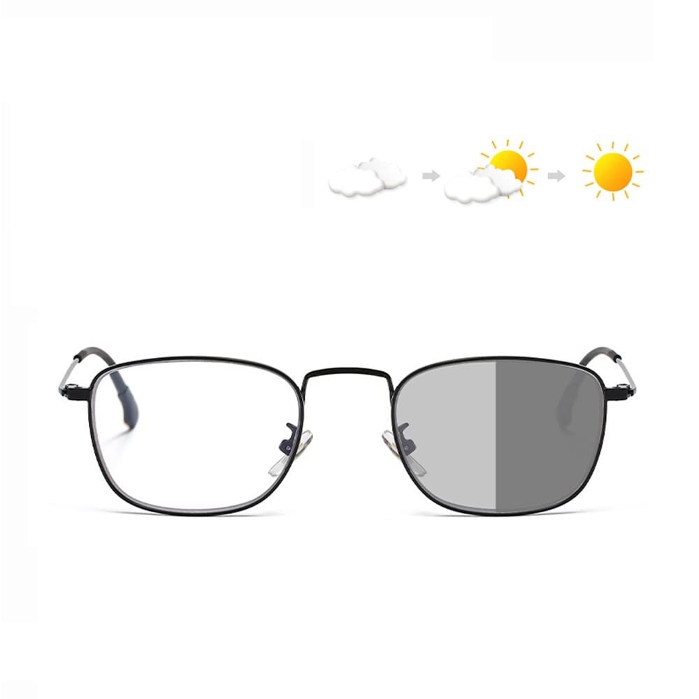 LKP Photochromic Women Reading Glasses Multifocal Readers Sunglasses Blue Light Blocking Anti Eyestrain Metal Square 1.0(+2.50)