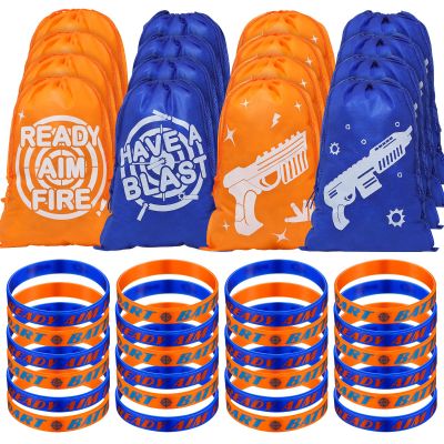 Kingdder 48 Pcs Dart Battle Party Supplies Includes 24 Silicone Wristbands, 24 Party Present Drawstring Bags Goody Treat Bags Dart Gun Themed Favors Bracelet for Battle Birthday Supplies Decorations
