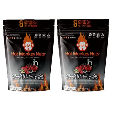 Hot Monkey Nuts - 2 Pack Roasted Spicy Peanuts with Red Wine Vinegar, Black Lava Salt, Cayenne, Ancho, Chipotle, Jalapeo, Trinidad Scorpion Pepper, Ghost Pepper, and Carolina Reaper, Hot Peanut