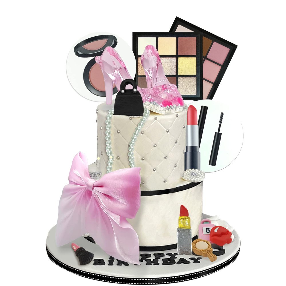 15PCS Makeup Cake Toppers Cosmetics Theme Decorations Lipstick Eye Shadow Blush for Girls Women Bridal Shower Birthday Partys