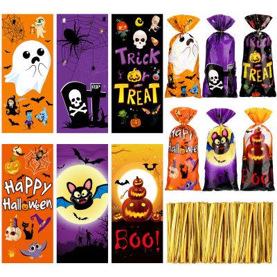 Hotop 120 Pcs Halloween Cellophane Bags Plastic Trick or Treat Candy Bags Goodie Cookie Treat Bags with 150 Pcs Gold Twist Ties for Halloween Theme Party Favor Supplies, 1 Count (Pack of 270)