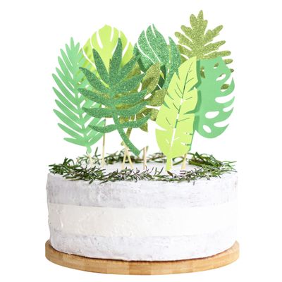16Pcs Glitter Tropical Leaves Cake Toppers Tropical Wedding Cake Toppers Greenery Cake Topper Palm Leaf Cake Topper for Jungle Theme Birthday Party Decor Safari Baby Shower Decor