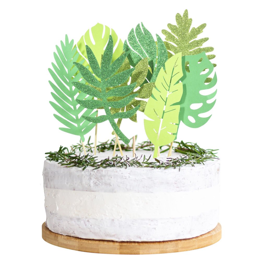 16Pcs Glitter Tropical Leaves Cake Toppers Tropical Wedding Cake Toppers Greenery Cake Topper Palm Leaf Cake Topper for Jungle Theme Birthday Party Decor Safari Baby Shower Decor