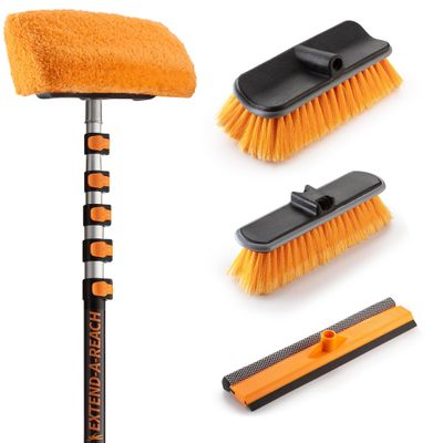30-Foot Exterior House Cleaning Brush Set with 5-24 ft Extension Pole // Vinyl Siding Brushes with Telescopic Extendable Pole & Window Cleaning Squeegee Tool // The Ultimate Extension Scrub Brush Set