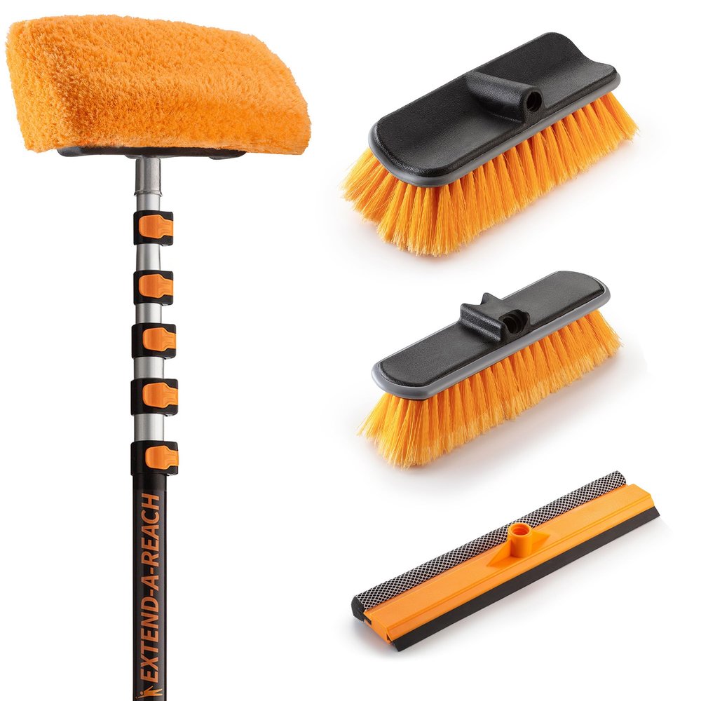30-Foot Exterior House Cleaning Brush Set with 5-24 ft Extension Pole // Vinyl Siding Brushes with Telescopic Extendable Pole & Window Cleaning Squeegee Tool // The Ultimate Extension Scrub Brush Set
