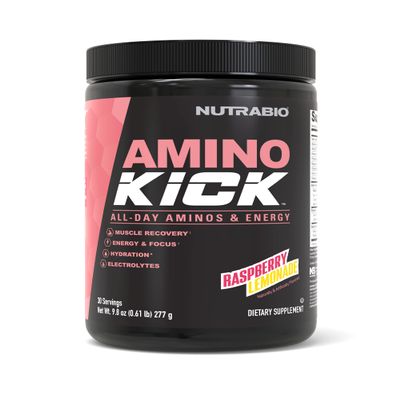 NutraBio Amino Kick  BCAA Powder with Natural Caffeine  Amino Acids Supplement for Energy, Hydration & Recovery  BCAAs, Electrolytes & Amino Acids  Raspberry Lemonade, 30 Servings