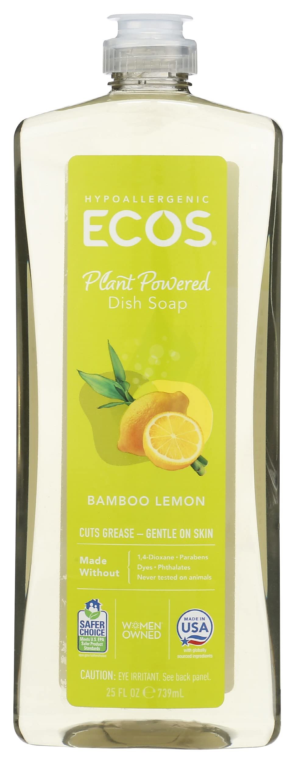 Ecos Plant Powered Dish Soap, Bamboo Lemon, Vegan Friendly, Kosher, Cruelty-Free, 25 Fluid Ounce (Pack of 6)
