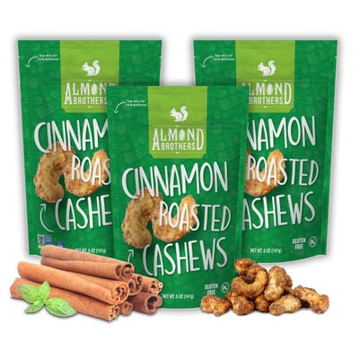 Almond Brothers Roasted Cashews - Pack of 3, 5 oz Hand Crafted Cinnamon Glazed Roasted Cashews, Gluten-Free, Non-GMO