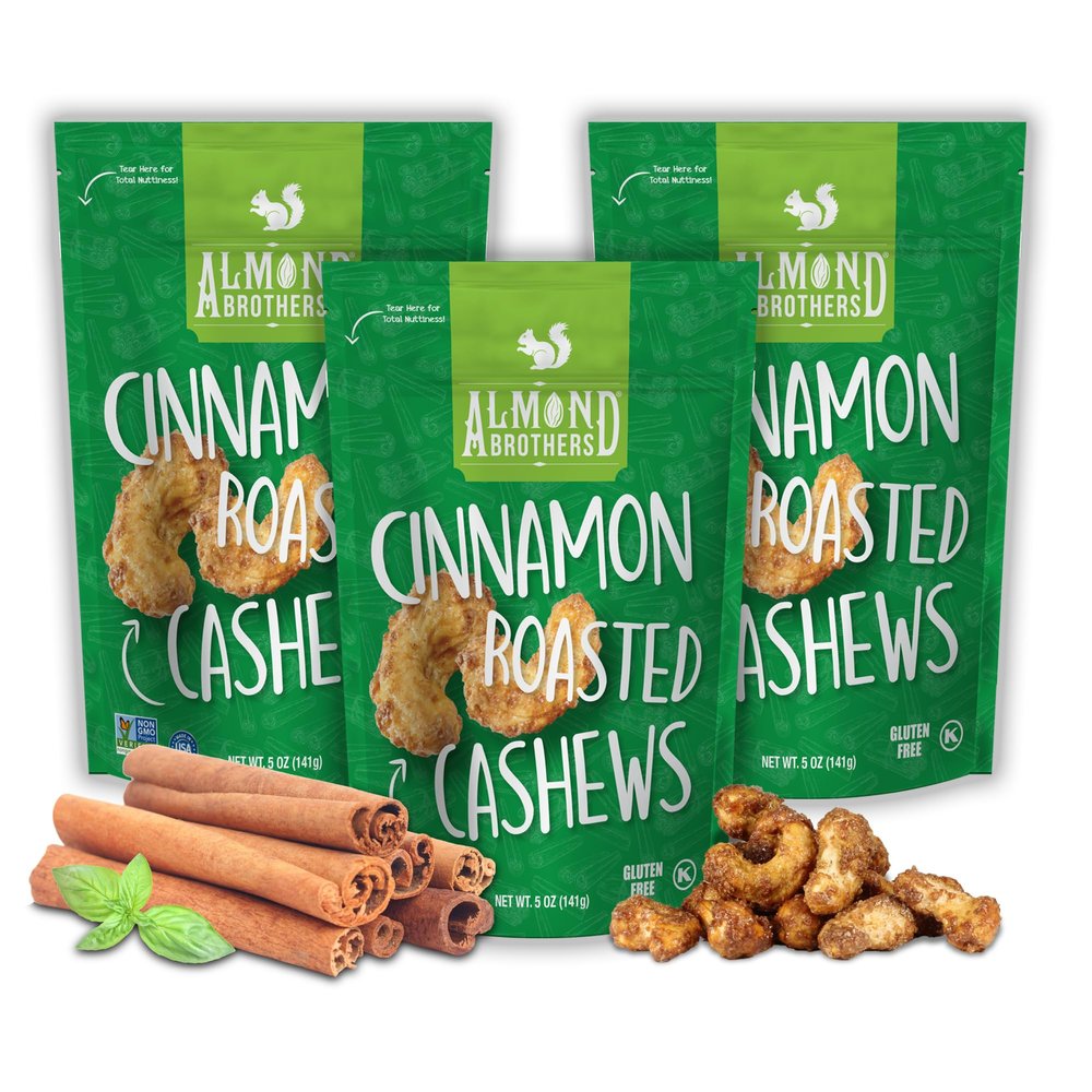 Almond Brothers Roasted Cashews - Pack of 3, 5 oz Hand Crafted Cinnamon Glazed Roasted Cashews, Gluten-Free, Non-GMO