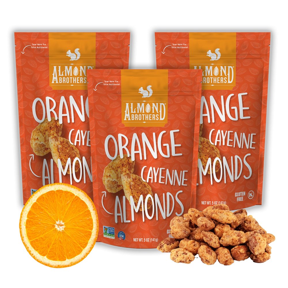 Almond Brothers Roasted Almonds - Pack of 3, 5 oz - Orange Almonds with Cayenne Pepper - Gluten-Free, Non-GMO